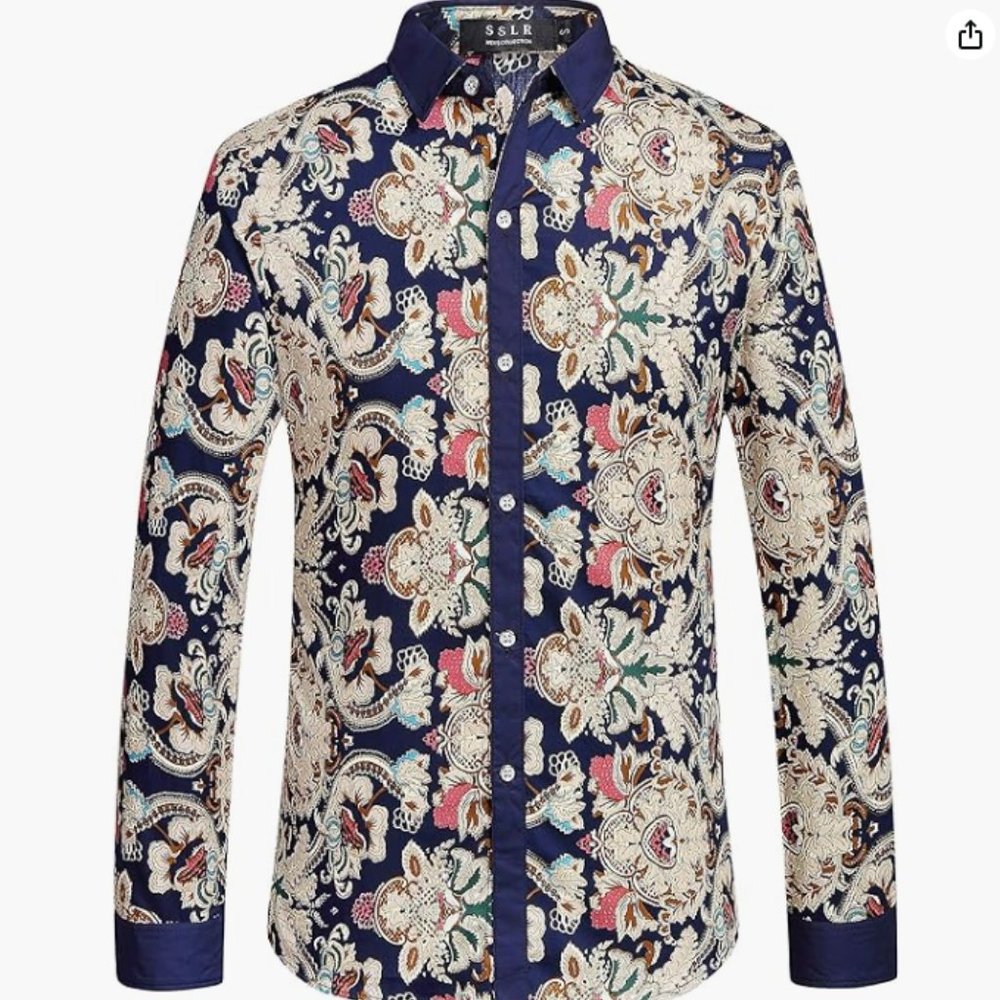 Men's Retro Paisley Cotton Printed Long Sleeve Button Down Shirt